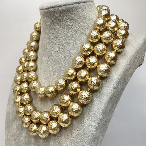 Vintage Les Bernard Gold Ball Beaded 3 Layer Necklace 16mm Statement Bold - Picture 4 of 9